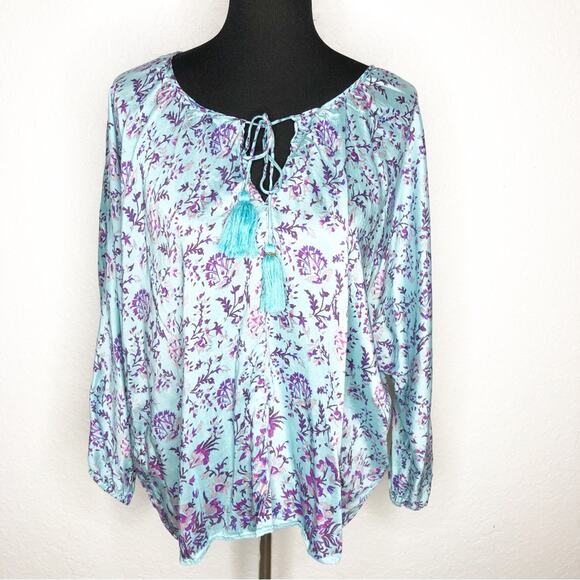 Sundance blue purple floral tassel tie silk blend top size Small - Picture 1 of 15